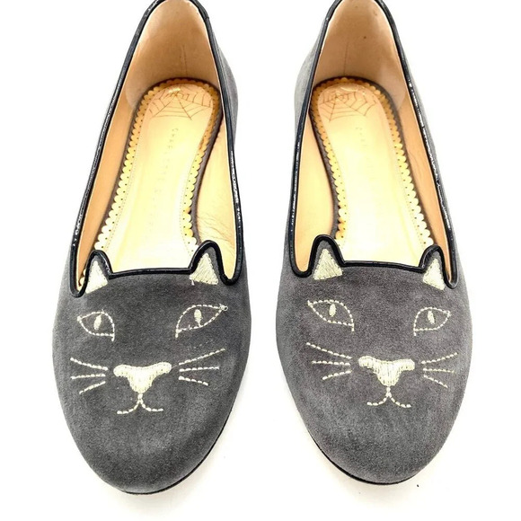 Charlotte Olympia Kitty Cat Gray Suede Flats Loafers, EU 38 US 7.5-8 - Picture 5 of 12